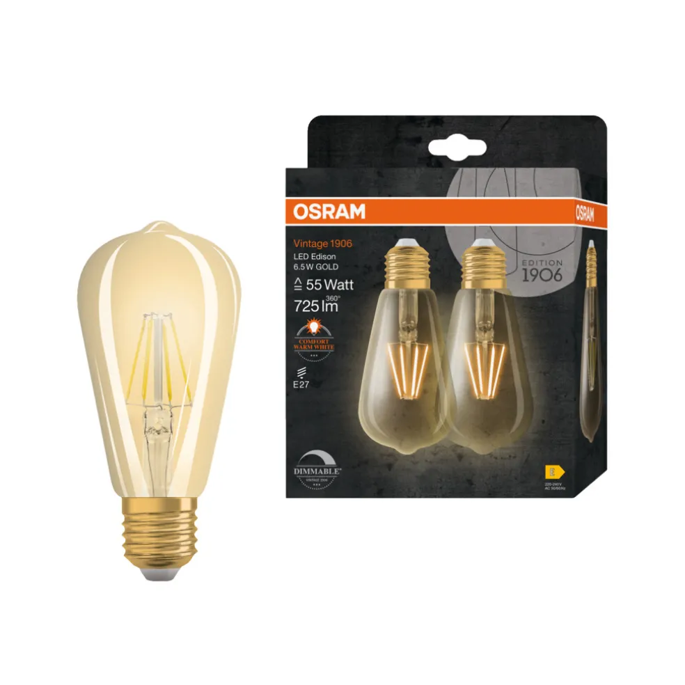 Edisonlampa Vintage LED Filament 6,5W E27 2-pack Osram